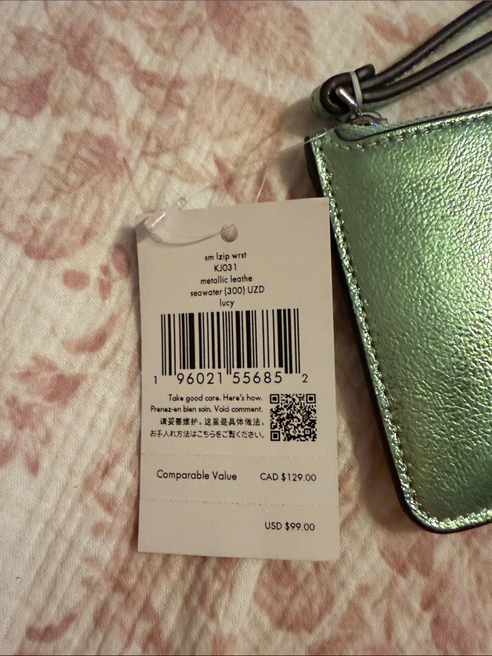 Kate Spade Lucy Metallic Mint Green Wristlet/Pouch With Strap NWT